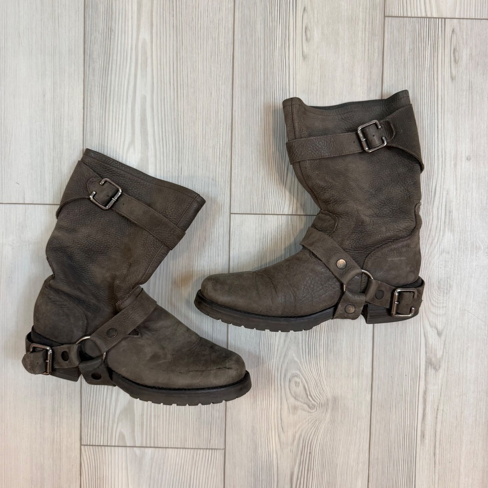 Anna Fidanza Leather Harness Moto Boots Charcoal Brown Buckle Lug Sole EU 39